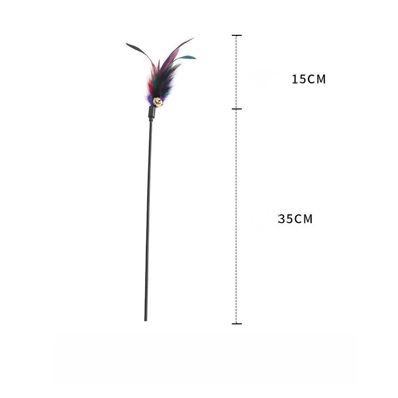 Cat teaser wand, long stick, colorful feathers, bite-resistant, interactive cat toy, self-entertaining device for teasing and tr