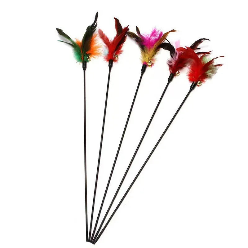 Cat teaser wand, long stick, colorful feathers, bite-resistant, interactive cat toy, self-entertaining device for teasing and tr