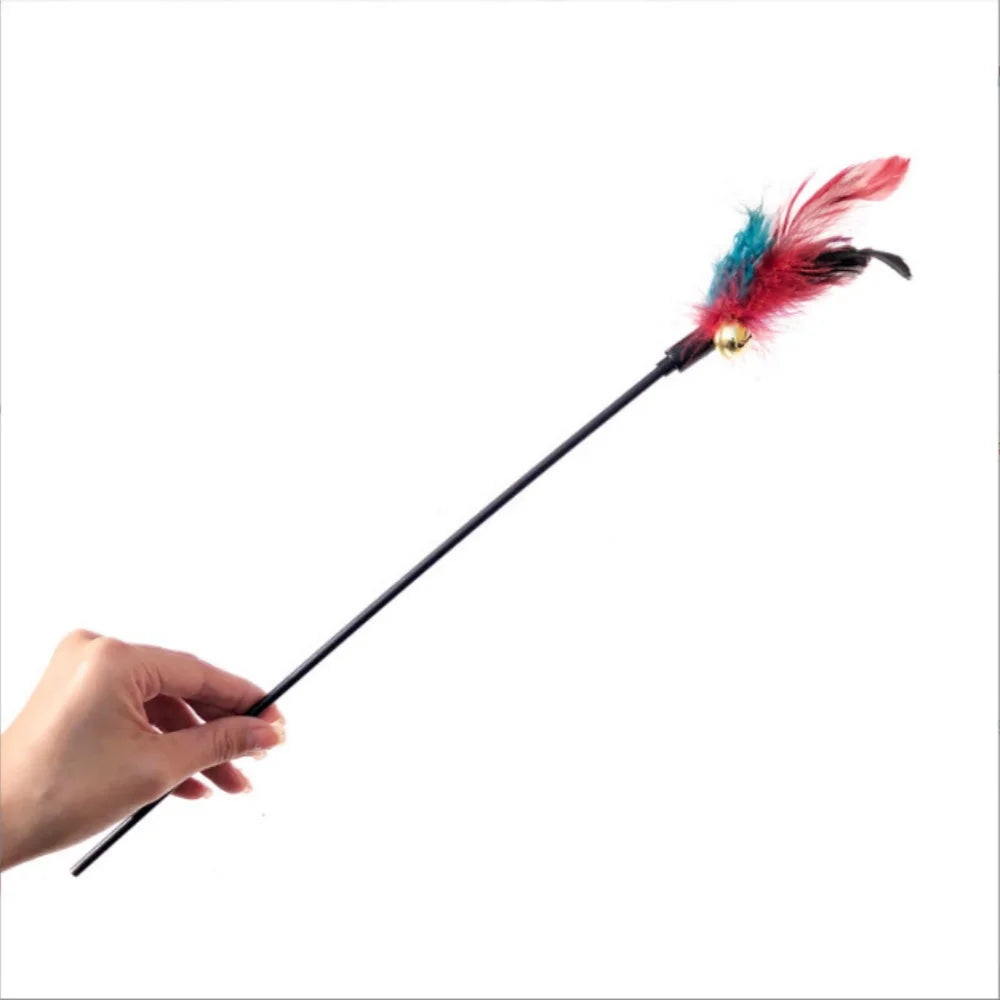 Cat teaser wand, long stick, colorful feathers, bite-resistant, interactive cat toy, self-entertaining device for teasing and tr